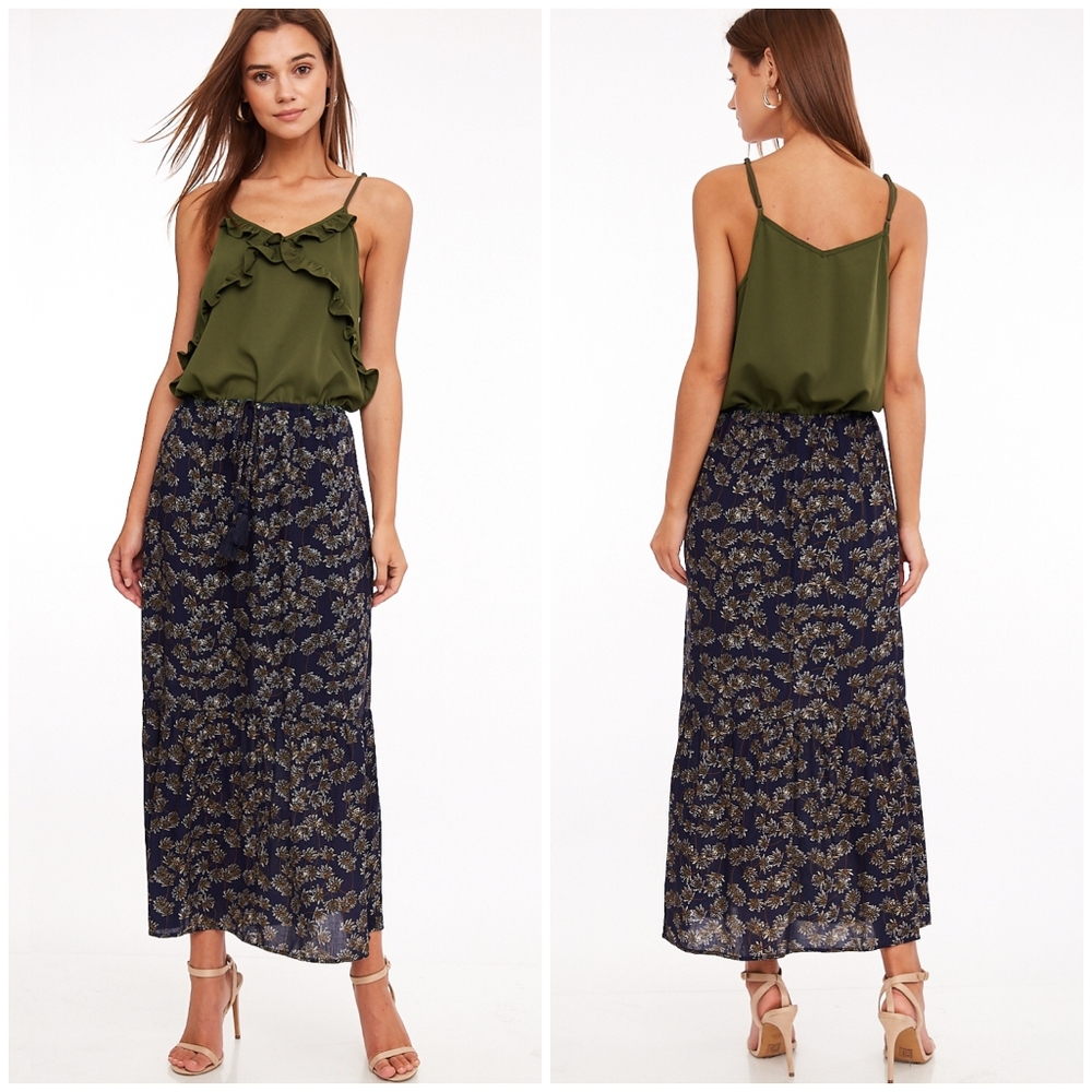 Elegant Olive Green and Navy Floral Maxi Dress